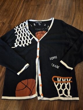 Vintage Terrazzo Black Basketball Cardigan with White Trim Accents